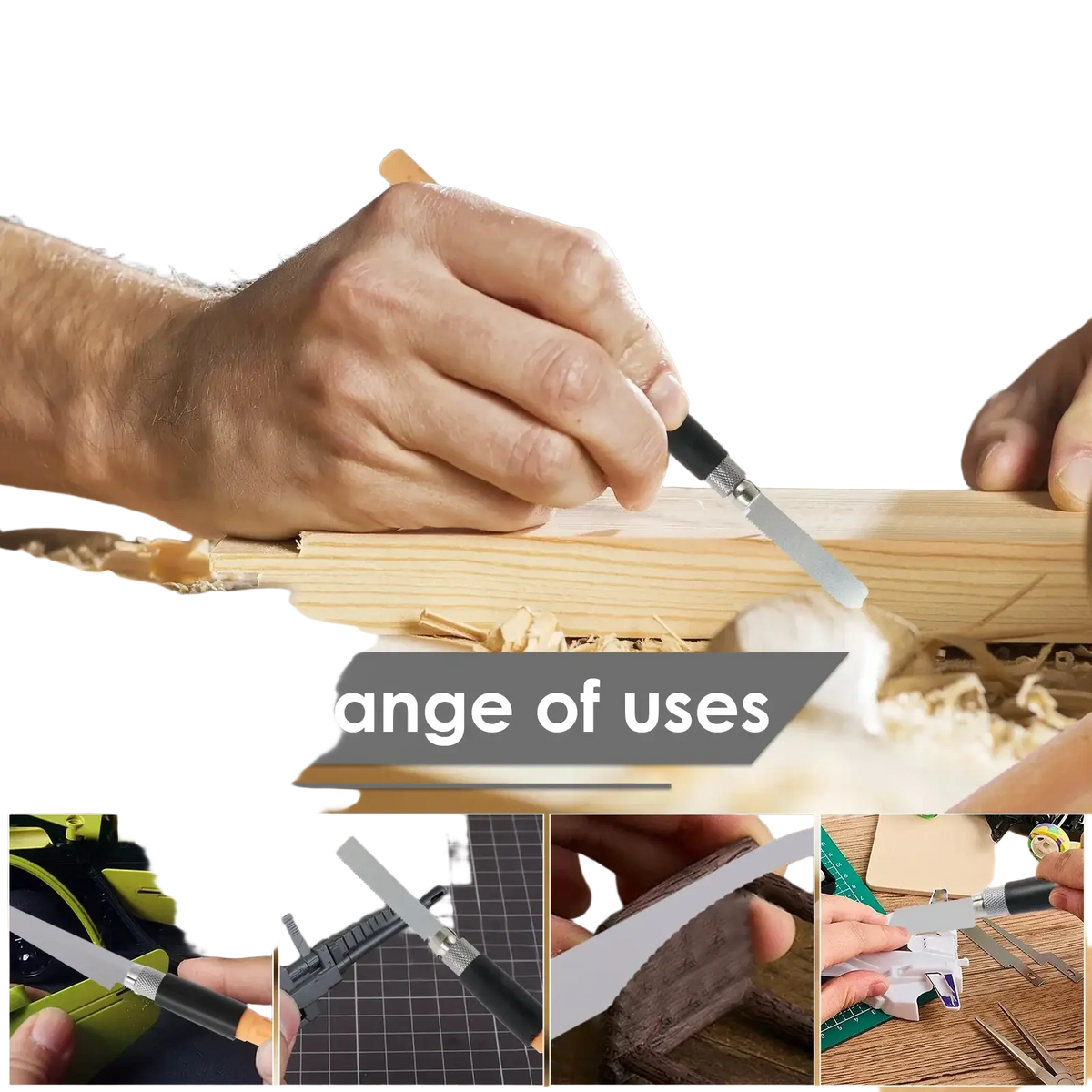 Black-handled carving knife with silver blade in mini hand saw kit used for precision model making on wood