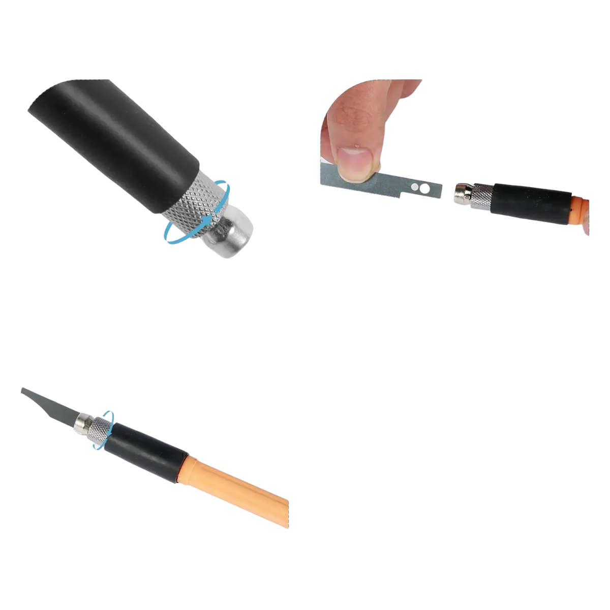 Black-handled mini hand saw kit with silver metallic ferrule and interchangeable blades for precision model making