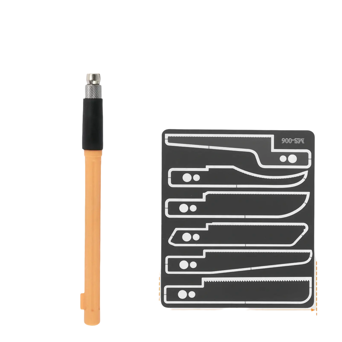 Mini hand saw kit featuring an orange-handled glass cutter with black grip and five silver precision cutting templates on black plate