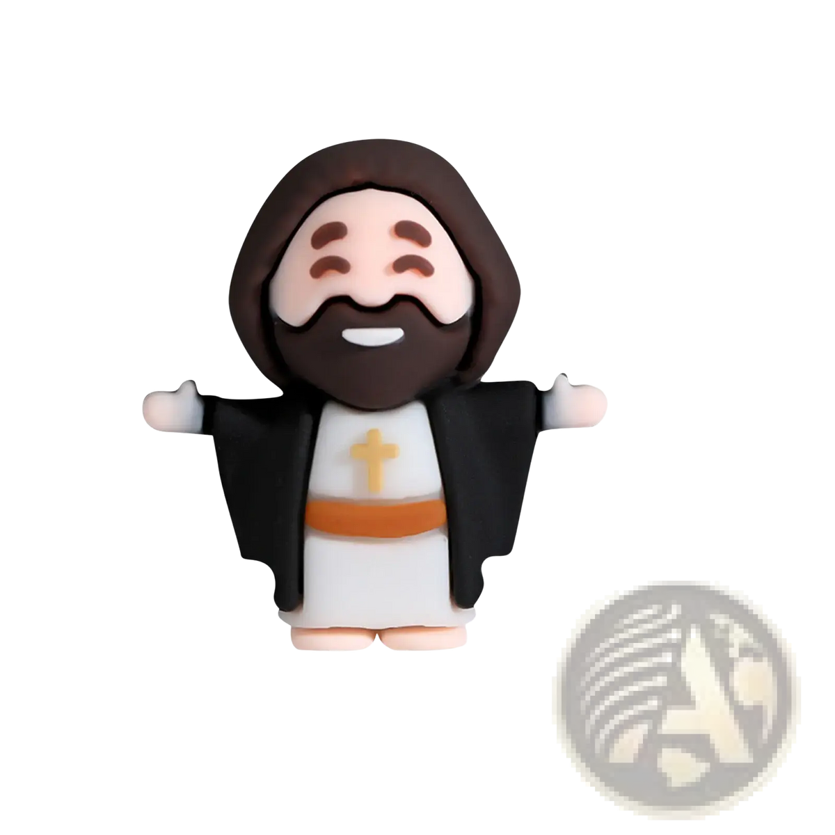 A charming 3cm mini Jesus figurine with brown hair, white robe, orange sash, and black garment with gold cross