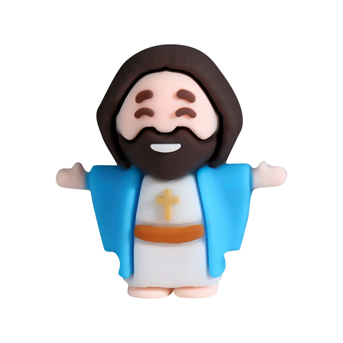 A charming blue and white mini jesus figurine with brown hair beard and golden cross for easter party favors