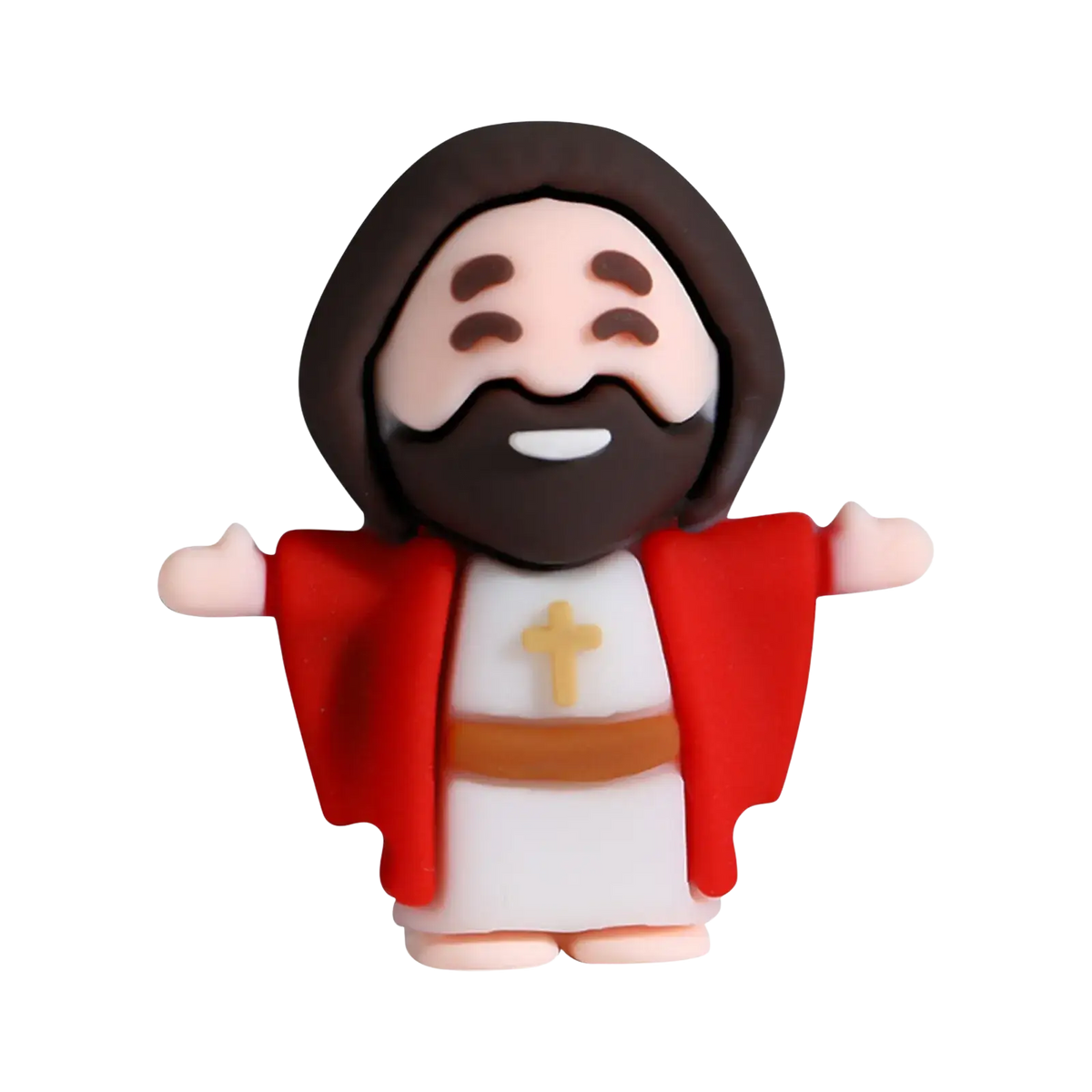 A charming cartoon-style mini jesus figurine with white robe red garment orange belt and golden cross for easter favors