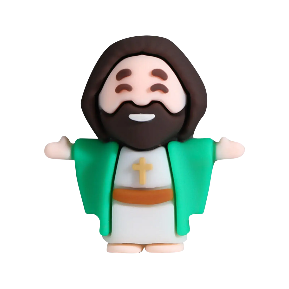 A clay mini Jesus figurine with long brown hair, green robe, orange belt, and golden cross for Easter party favors