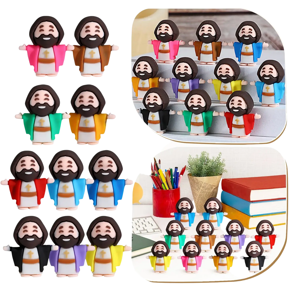 Colorful resin mini jesus figurines with beards and robes in various hues for easter party favors 10 pcs