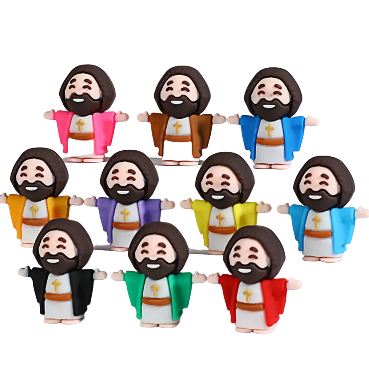 Colorful resin mini Jesus figurines with brown hair and beards wearing white robes and gold cross Easter party favors