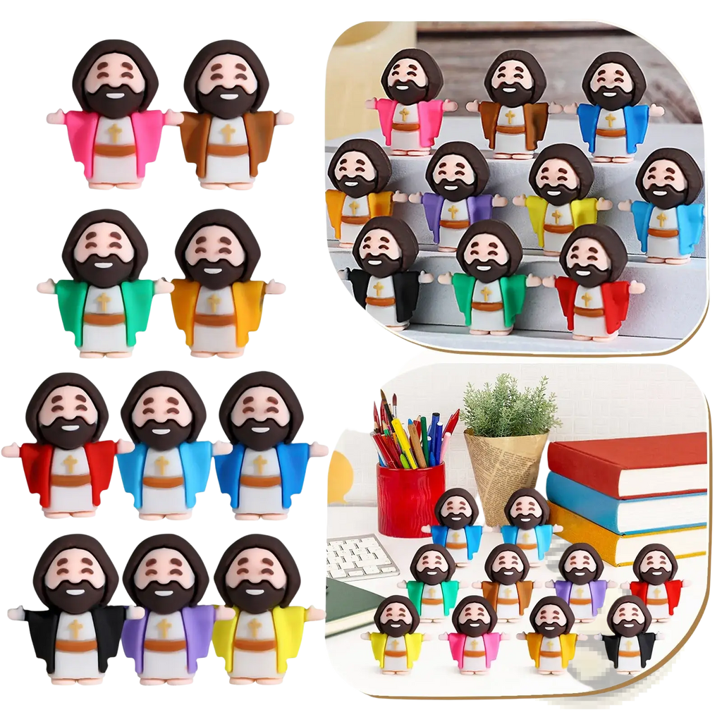 Colorful resin mini jesus figurines with beards and robes in various hues for easter party favors 10 pcs