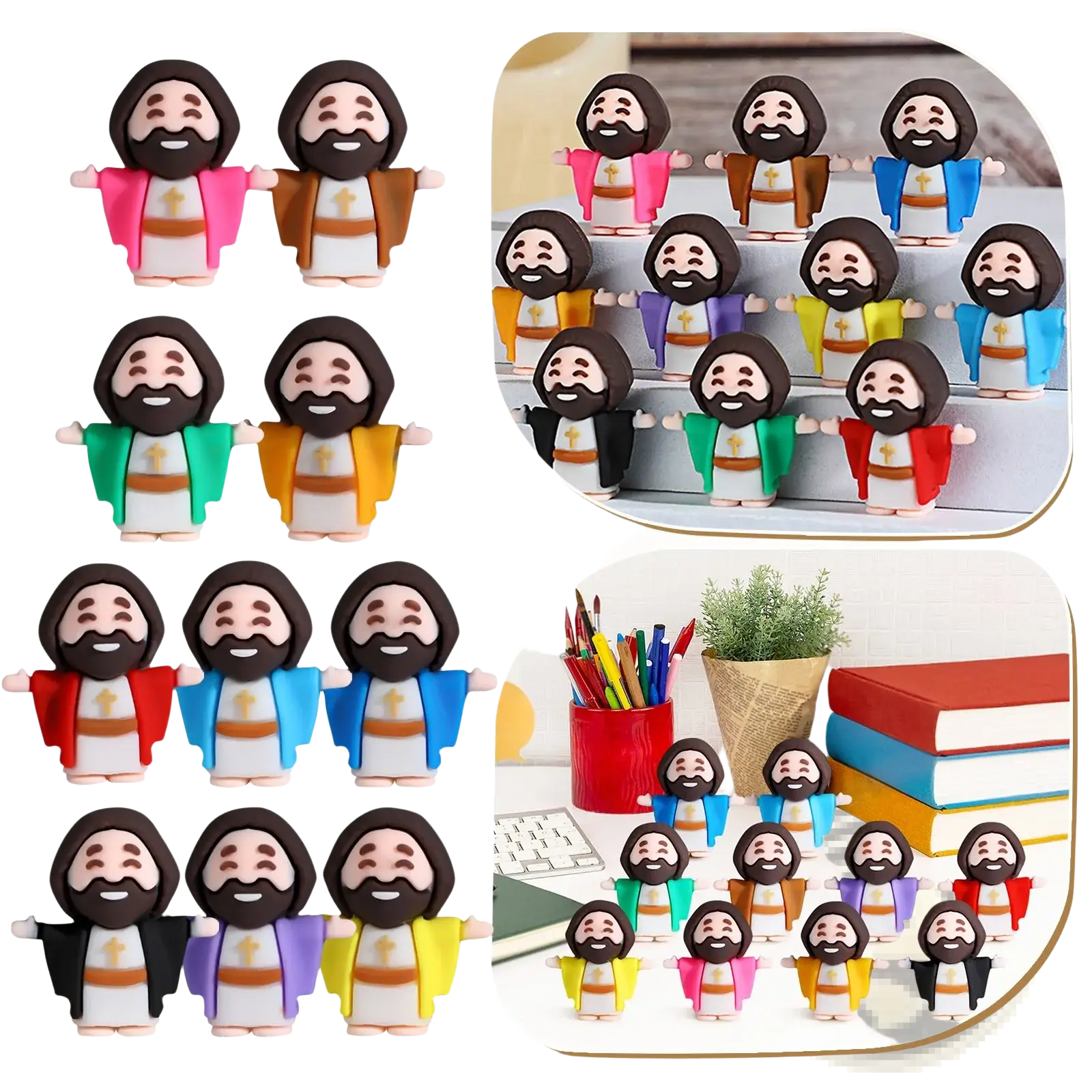 Colorful resin mini jesus figurines with beards and robes in various hues for easter party favors 10 pcs