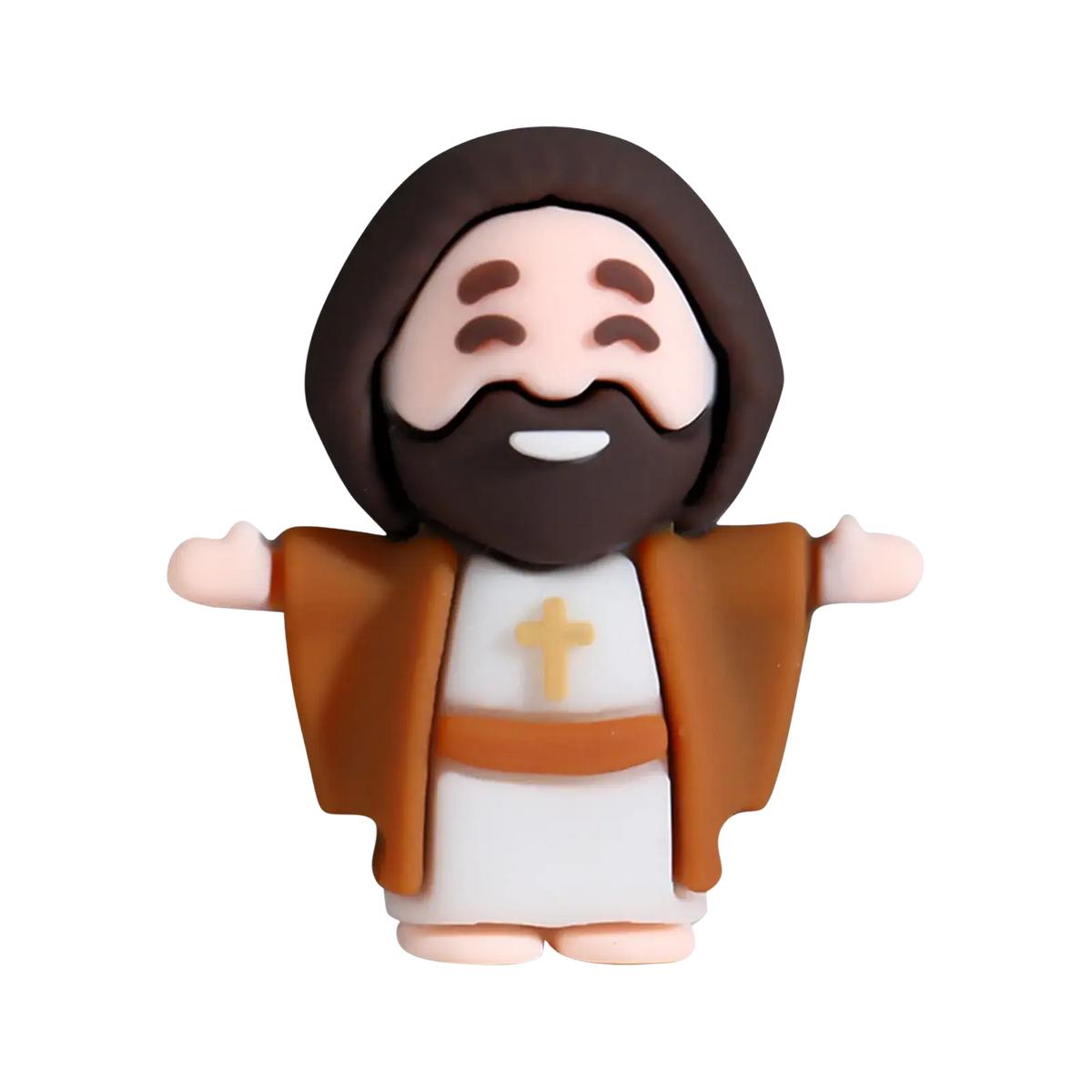 Cute brown and white resin mini jesus figurine with smiling face and gold cross robe for easter party favors