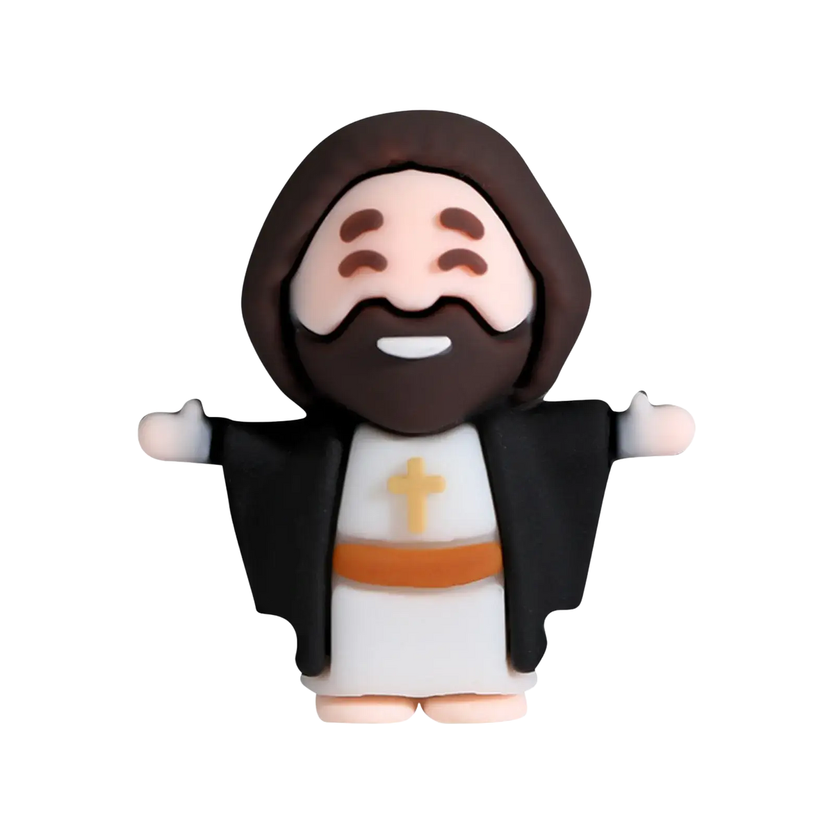 Cute cartoon Jesus figurine with brown hair and beard wearing white robe black cloak orange belt gold cross for Easter favors