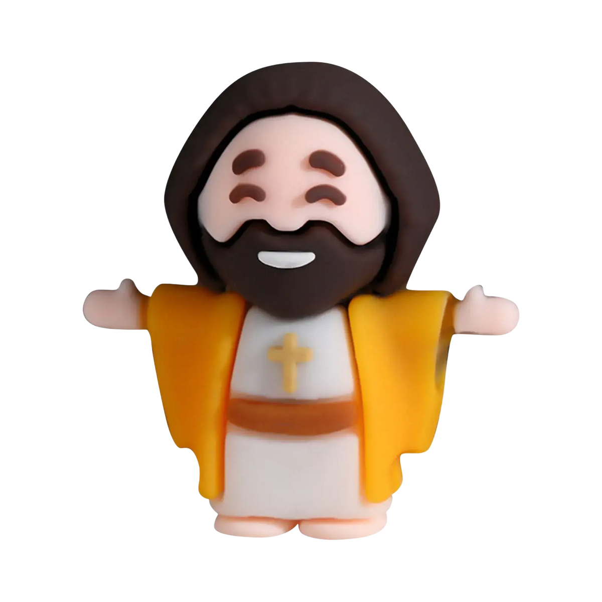 Cute mini Jesus figurine with brown hair and beard wearing white robe and orange garment with gold cross for Easter favors