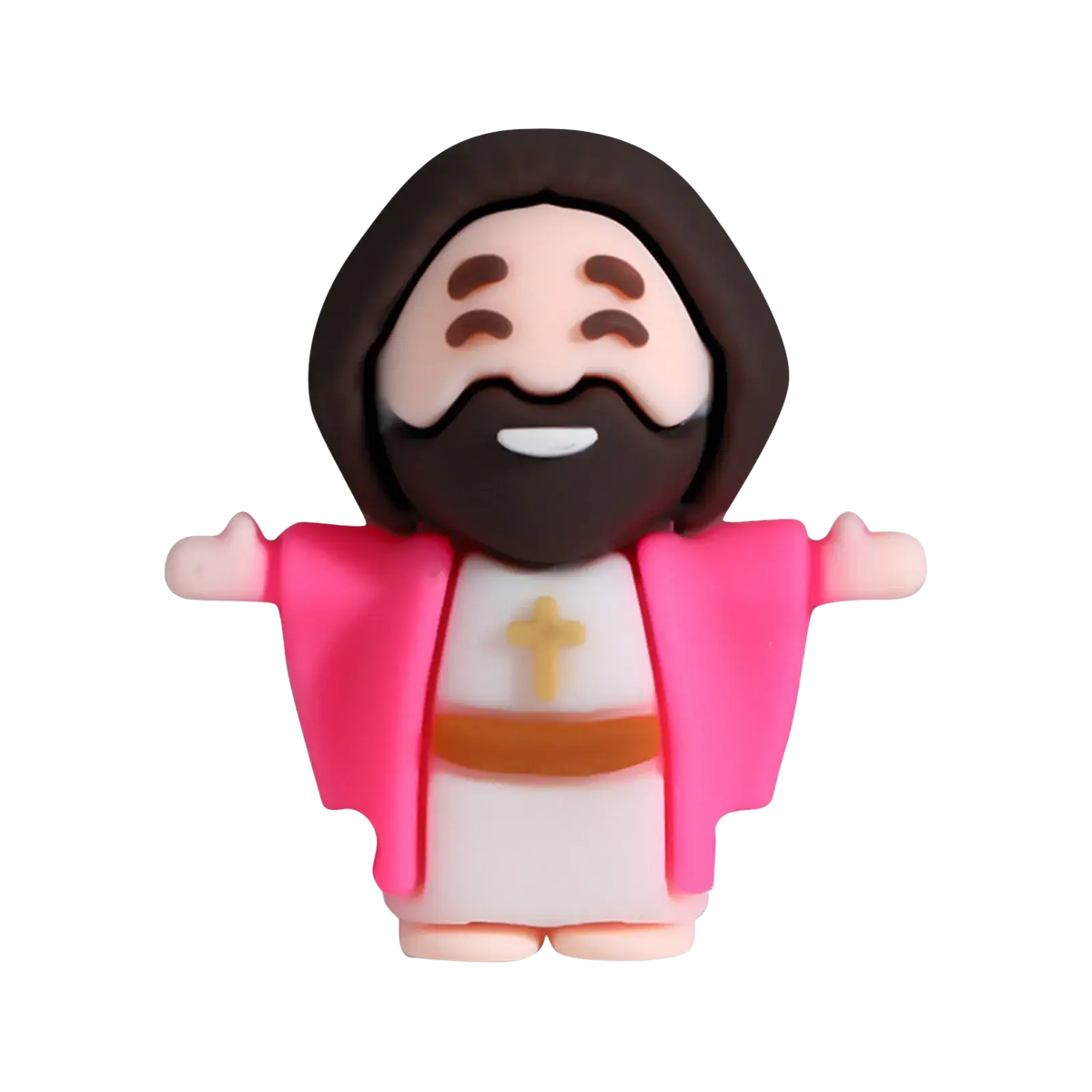 Pink plastic mini jesus figurine with brown hair wearing a pink robe and gold cross for easter party favors