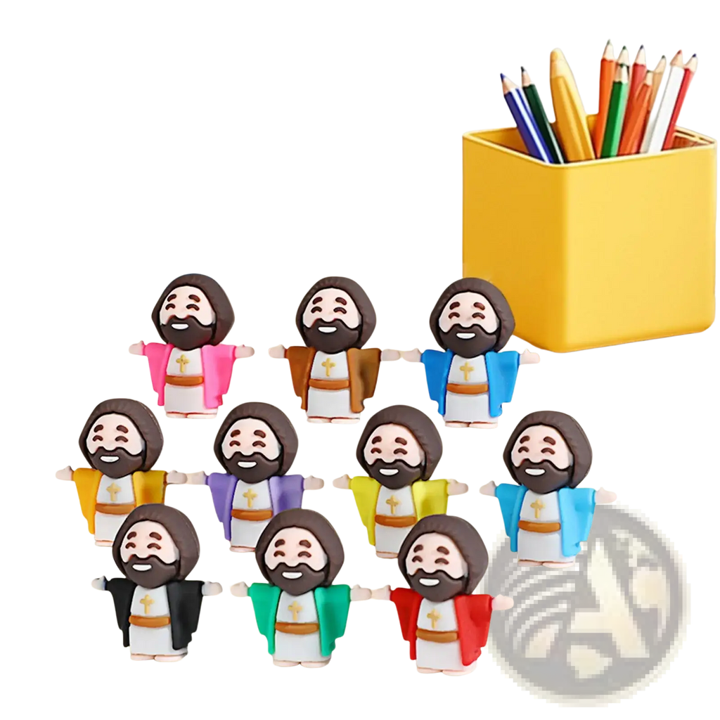 A set of 10 colorful cartoon-style mini jesus figurines in various hues for easter party favors