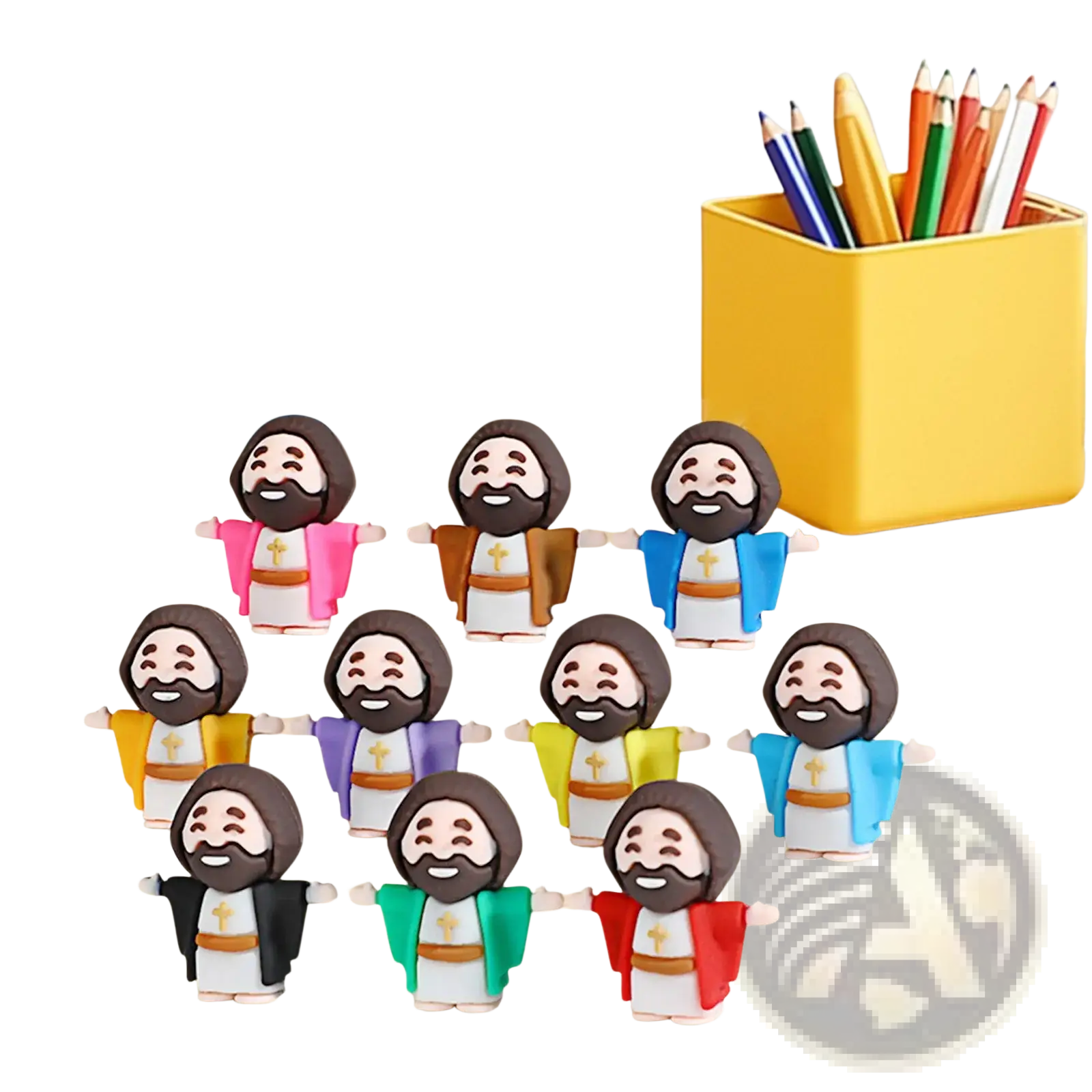A set of 10 colorful cartoon-style mini jesus figurines in various hues for easter party favors