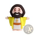 Yellow and white smiling Jesus figurine with brown hair, beard, orange belt, and golden cross for Easter party favors