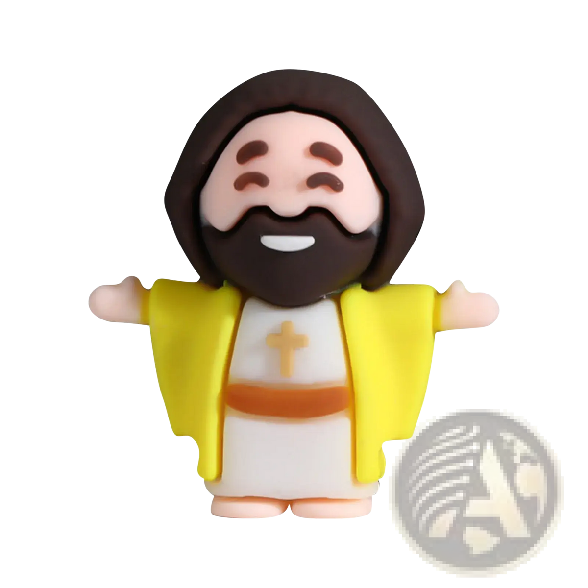Yellow and white smiling Jesus figurine with brown hair, beard, orange belt, and golden cross for Easter party favors