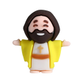 Yellow and white smiling Jesus figurine with brown hair, beard, orange belt, and golden cross for Easter party favors