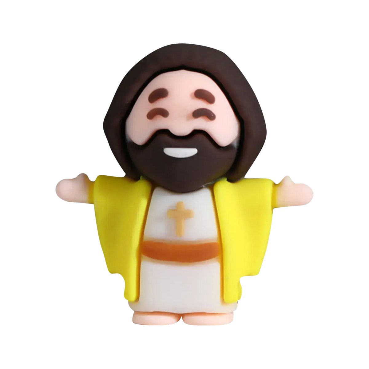 Yellow and white smiling Jesus figurine with brown hair, beard, orange belt, and golden cross for Easter party favors