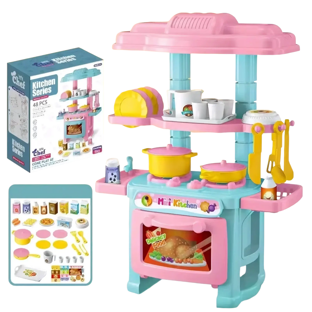 Mini kitchen play set plastic pretend cooking toys in pink light blue with yellow pots pans and utensils