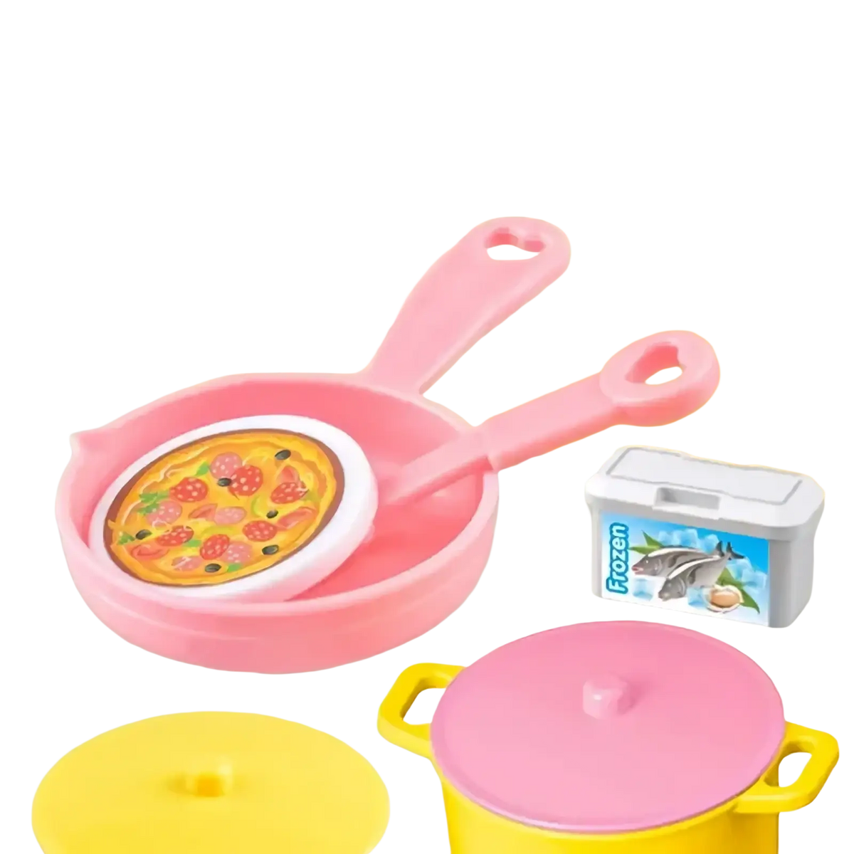 Pink plastic toy frying pan with heart-shaped handle and miniature pizza for mini kitchen play set pretend cooking toys