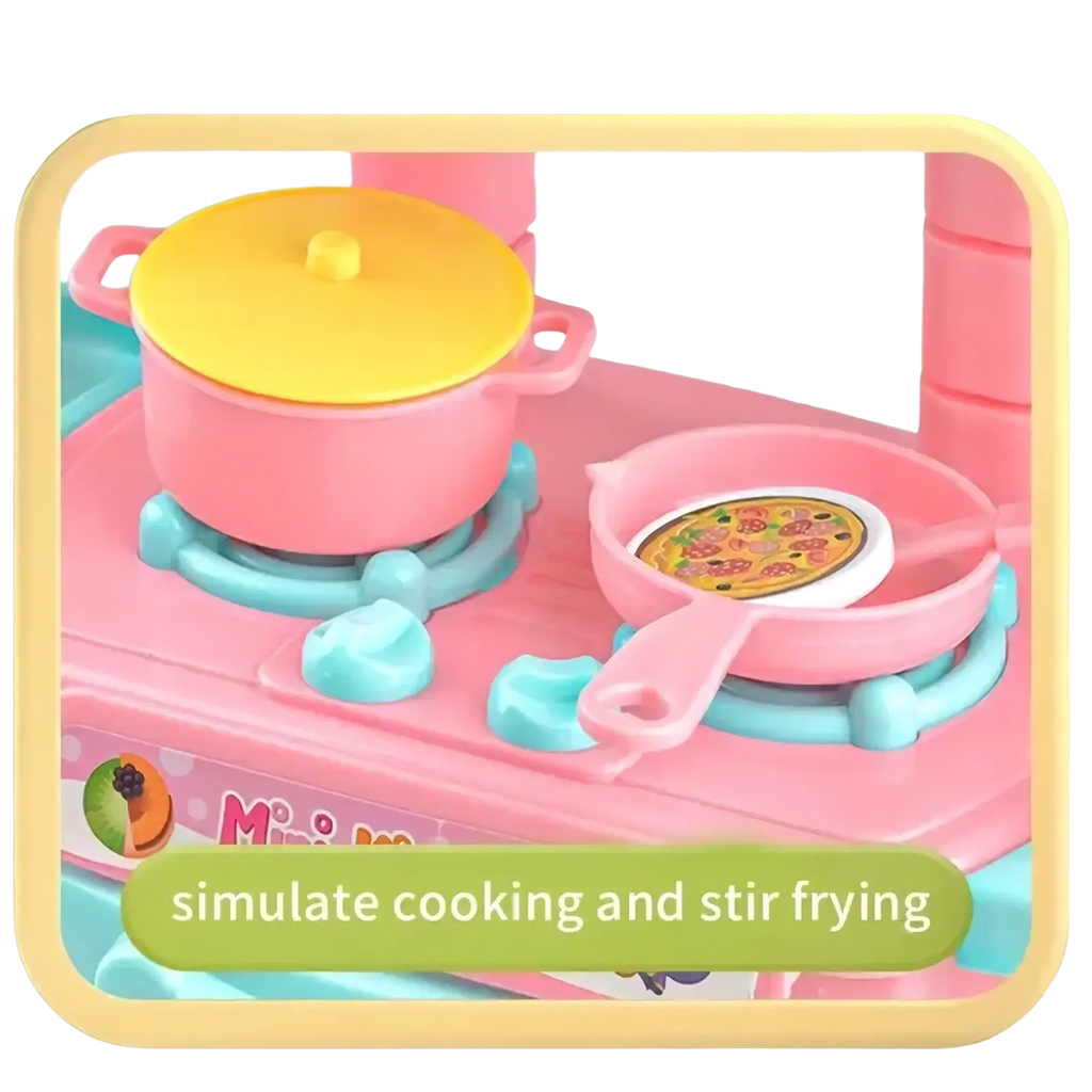 Pink plastic toy pot with yellow lid from mini kitchen play set for pretend cooking and imaginative play