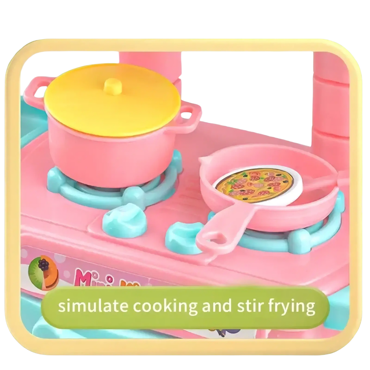 Pink plastic toy pot with yellow lid from mini kitchen play set for pretend cooking and imaginative play