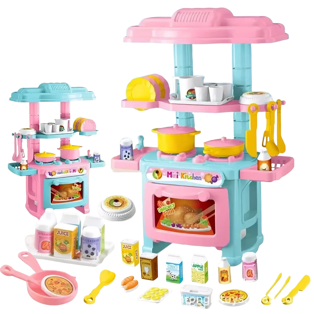 Mini kitchen play set with pink and teal plastic design including colorful toy utensils dishes and food items for pretend cooking