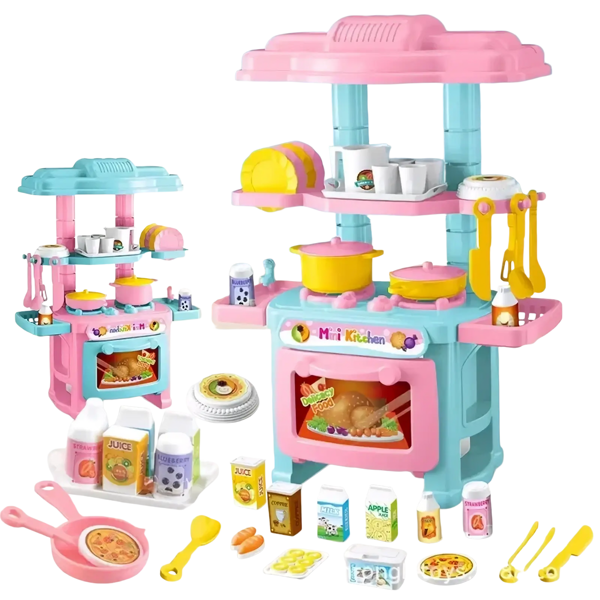 Mini kitchen play set with pink and teal plastic design including colorful toy utensils dishes and food items for pretend cooking