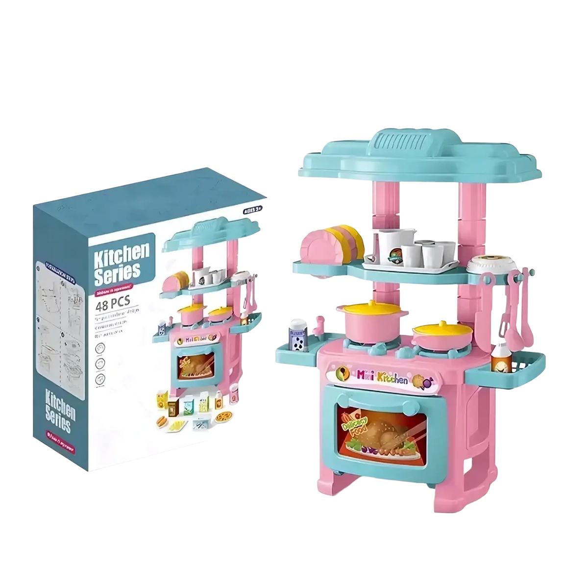 Mini kitchen play set with pink and teal plastic miniature appliances utensils and dishes for pretend cooking toys