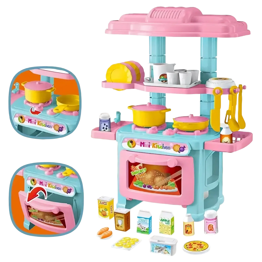 Mini kitchen play set pretend cooking toys featuring pink and teal plastic with yellow pots utensils and food accessories