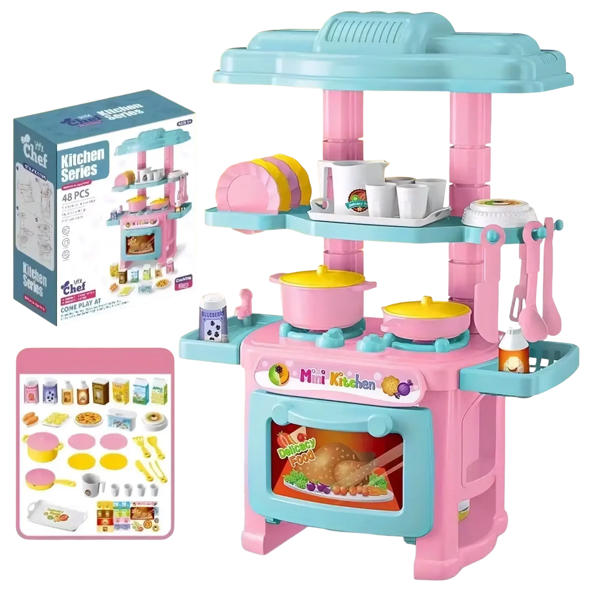 Mini kitchen play set featuring pink and teal plastic with colorful toy cookware for pretend cooking activities