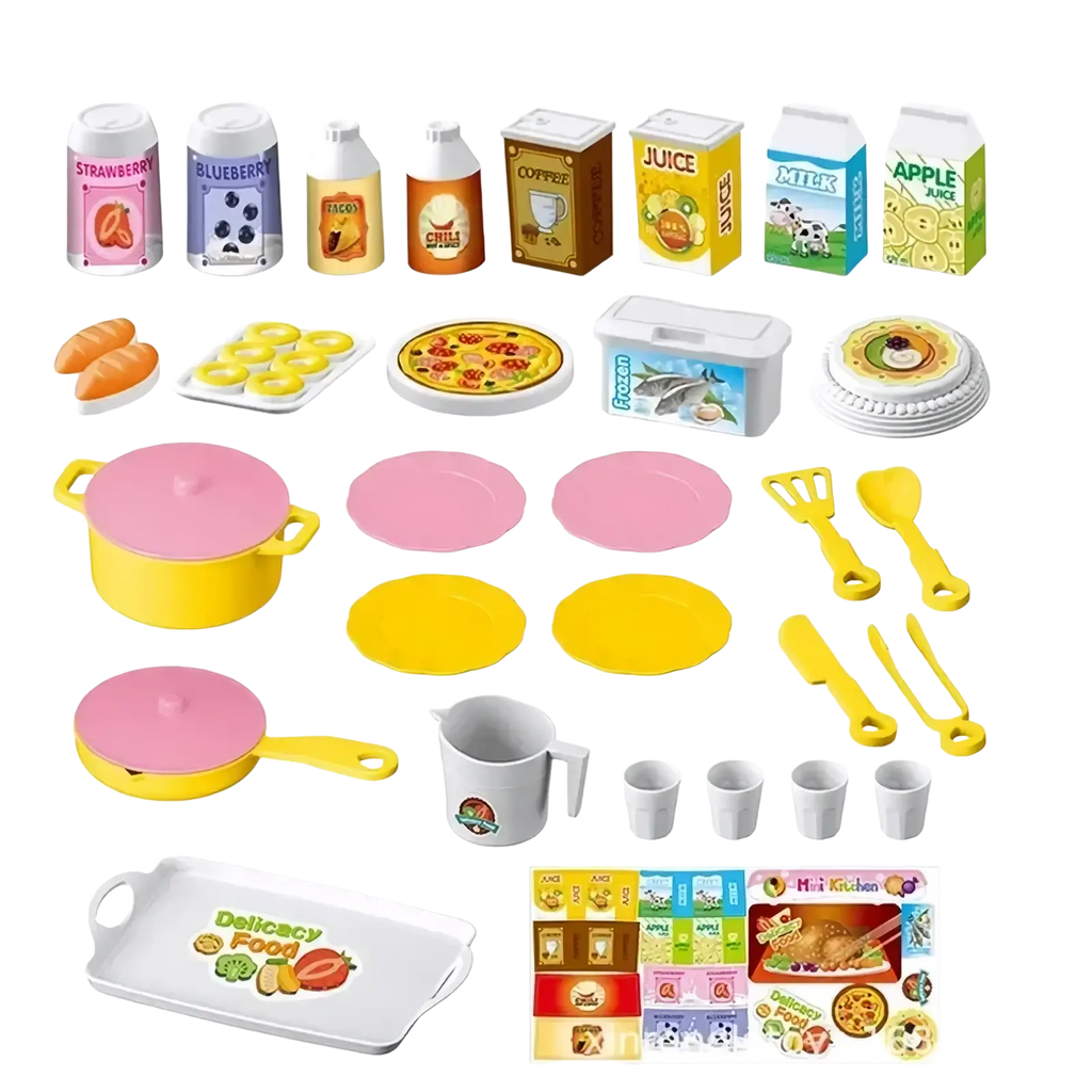 Yellow plastic mini kitchen play set pot with pink lid and yellow handles for pretend cooking toys