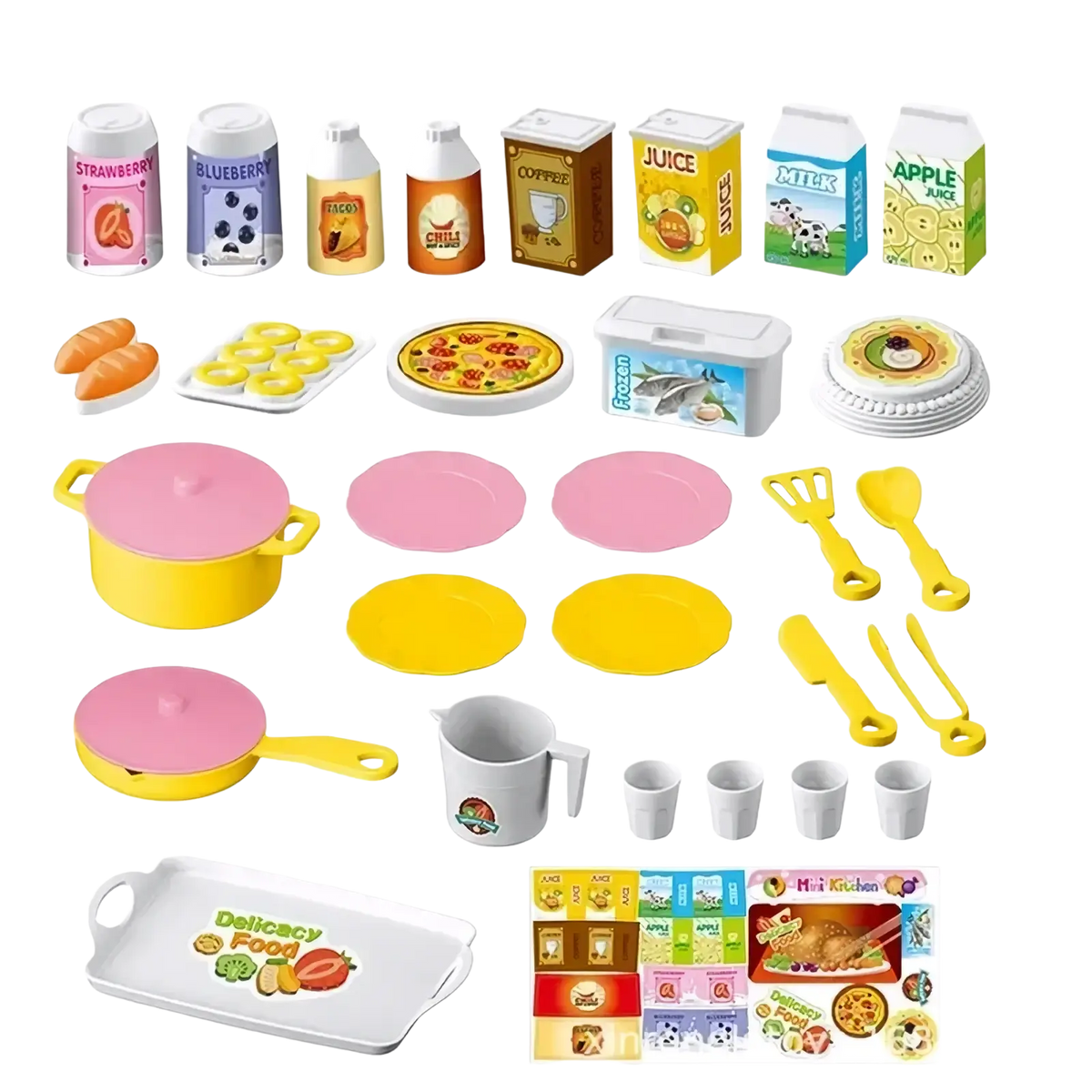 Yellow plastic mini kitchen play set pot with pink lid and yellow handles for pretend cooking toys