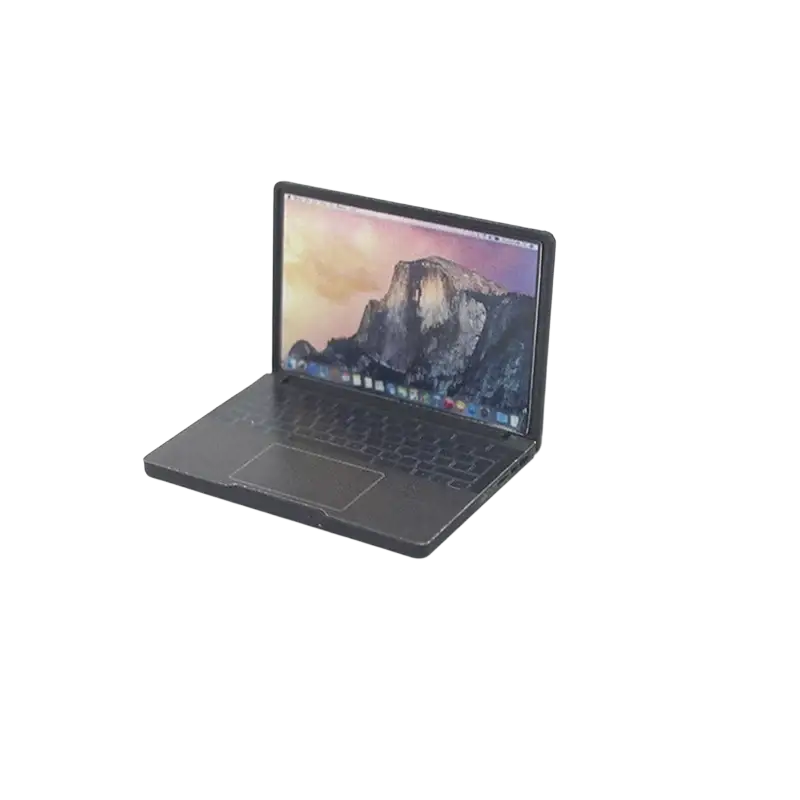 Mini laptop doll house accessory featuring a miniature black alloy laptop with a matte finish and illuminated mountain screen