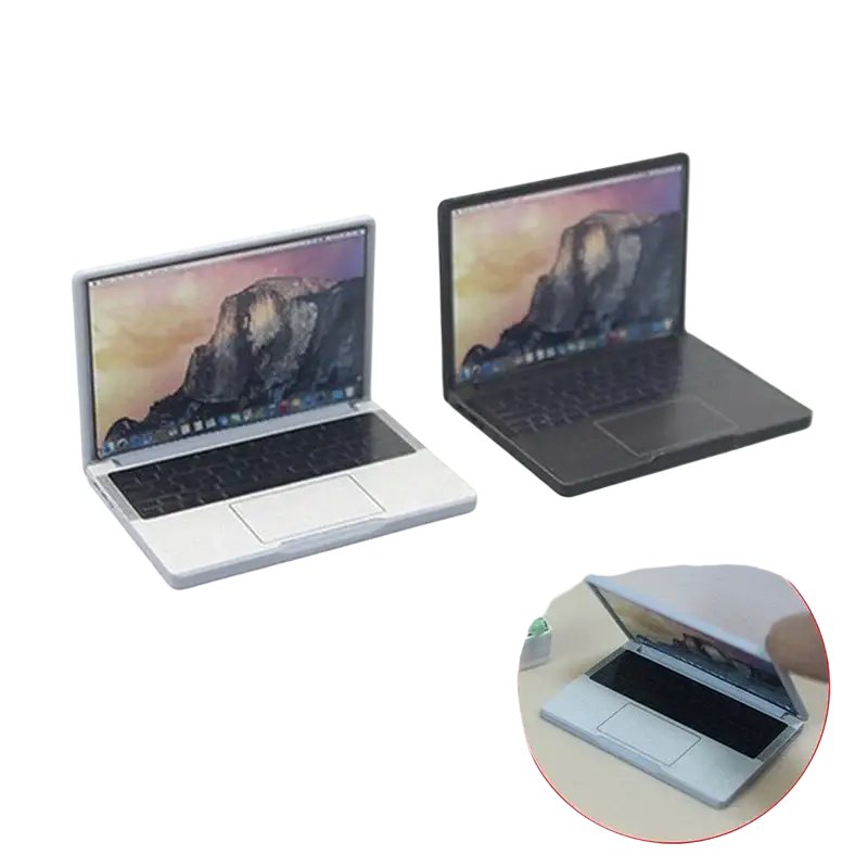 Miniature silver and black alloy mini laptop models with detailed keyboards and screens for doll house accessory
