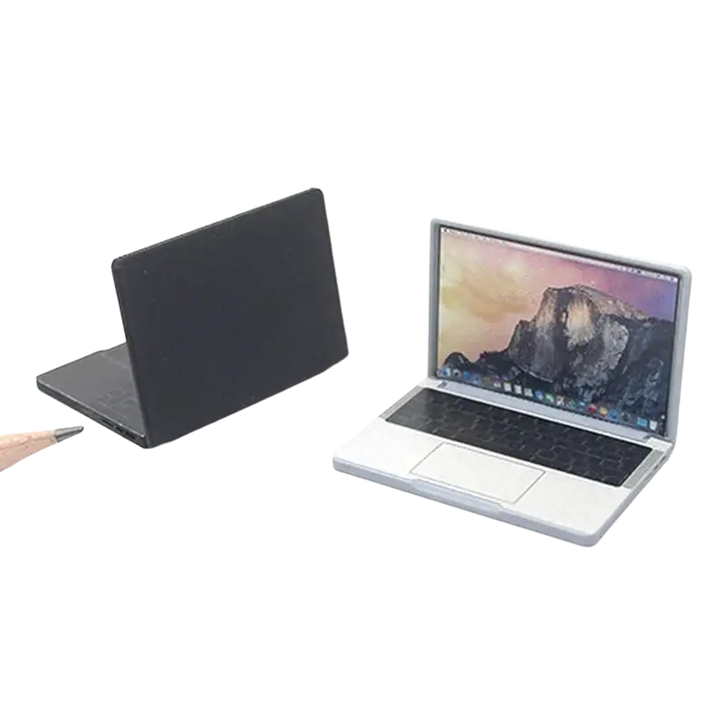 Silver alloy mini laptop doll house accessory with black keyboard displaying yosemite wallpaper screen
