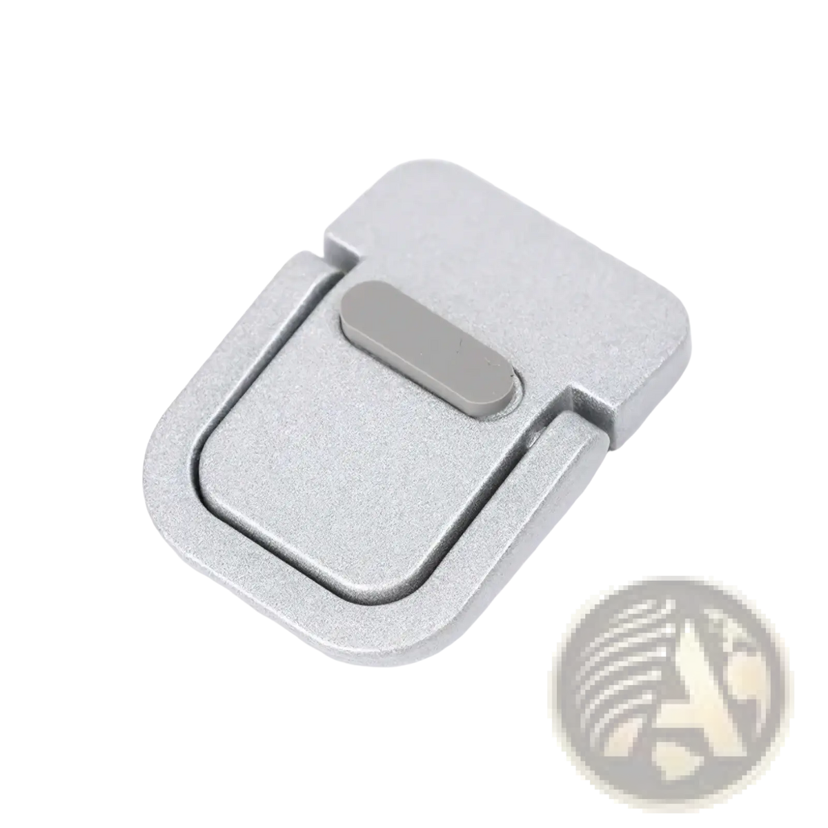 Silver metallic laptop hinge latch with matte finish and integrated gray release button on mini laptop stand desk riser