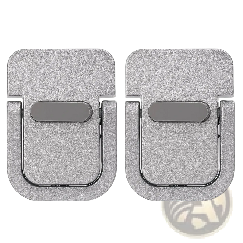 Silver textured phone ring stand with matte finish and central gray grip area shown on the back side of a mini laptop stand portable aluminum desk riser
