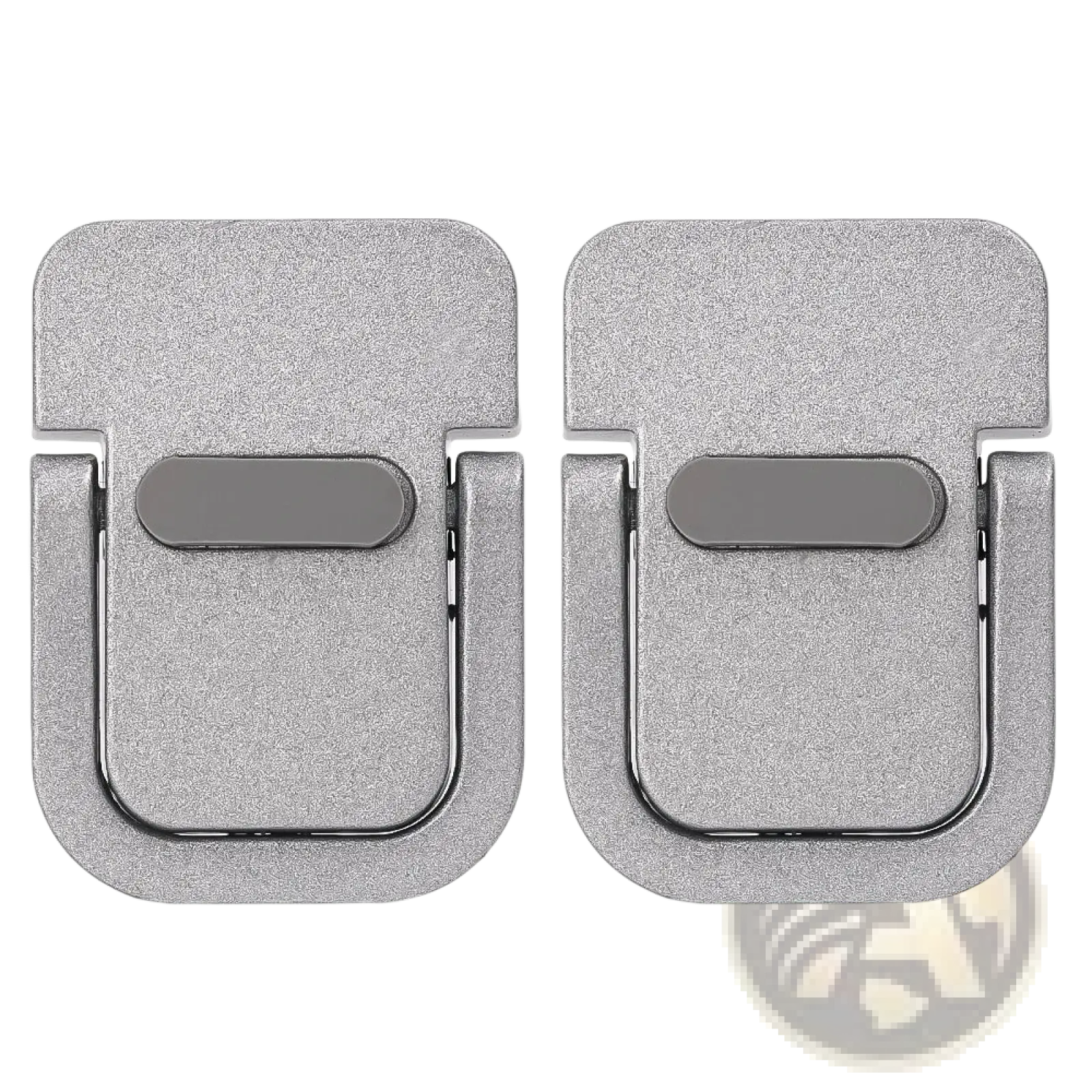 Silver textured phone ring stand with matte finish and central gray grip area shown on the back side of a mini laptop stand portable aluminum desk riser
