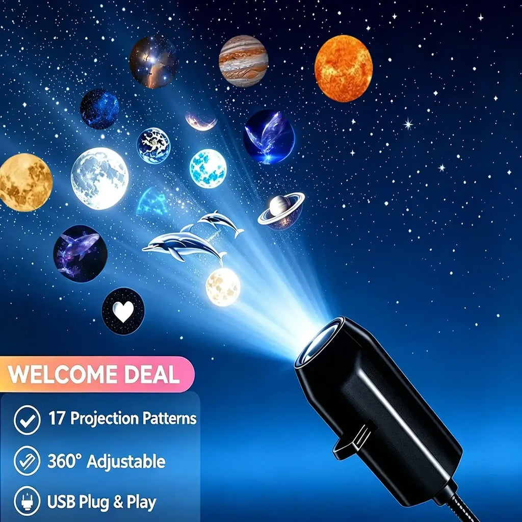Black usb-powered mini led projector starry sky galaxy light with 17 celestial projection patterns for car use