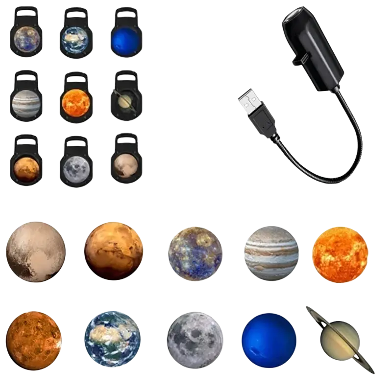 Black usb-powered mini led projector light with interchangeable celestial globe attachments for starry sky display