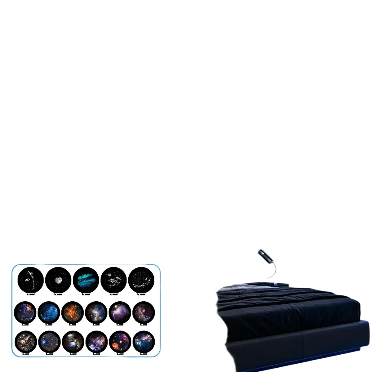 A sleek mini led projector light casting a vibrant blue and white starry sky galaxy scene on the wall
