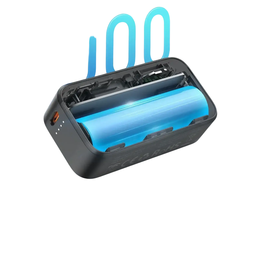 Mini magnetic power bank 5000mah portable charger with black rectangular design, blue battery, and orange charging port