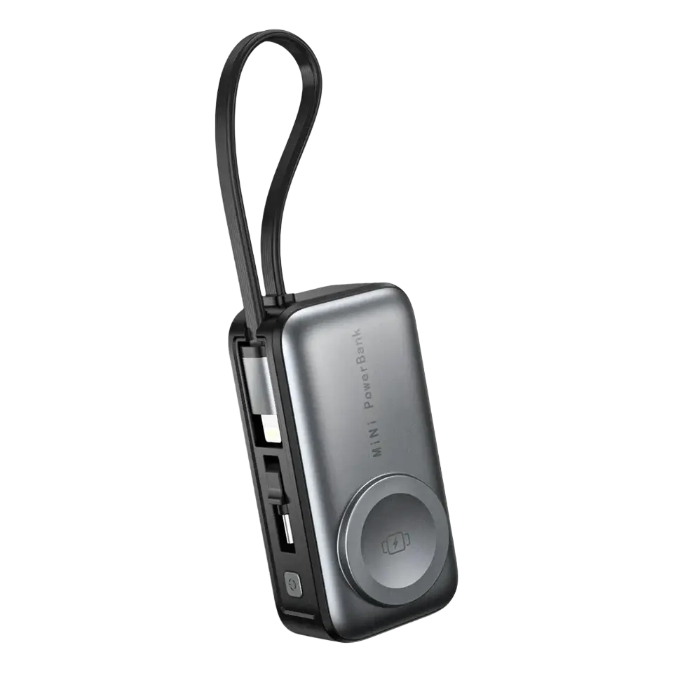 Mini magnetic power bank 5000mah portable charger in black and silver with multiple usb ports and wireless charging pad