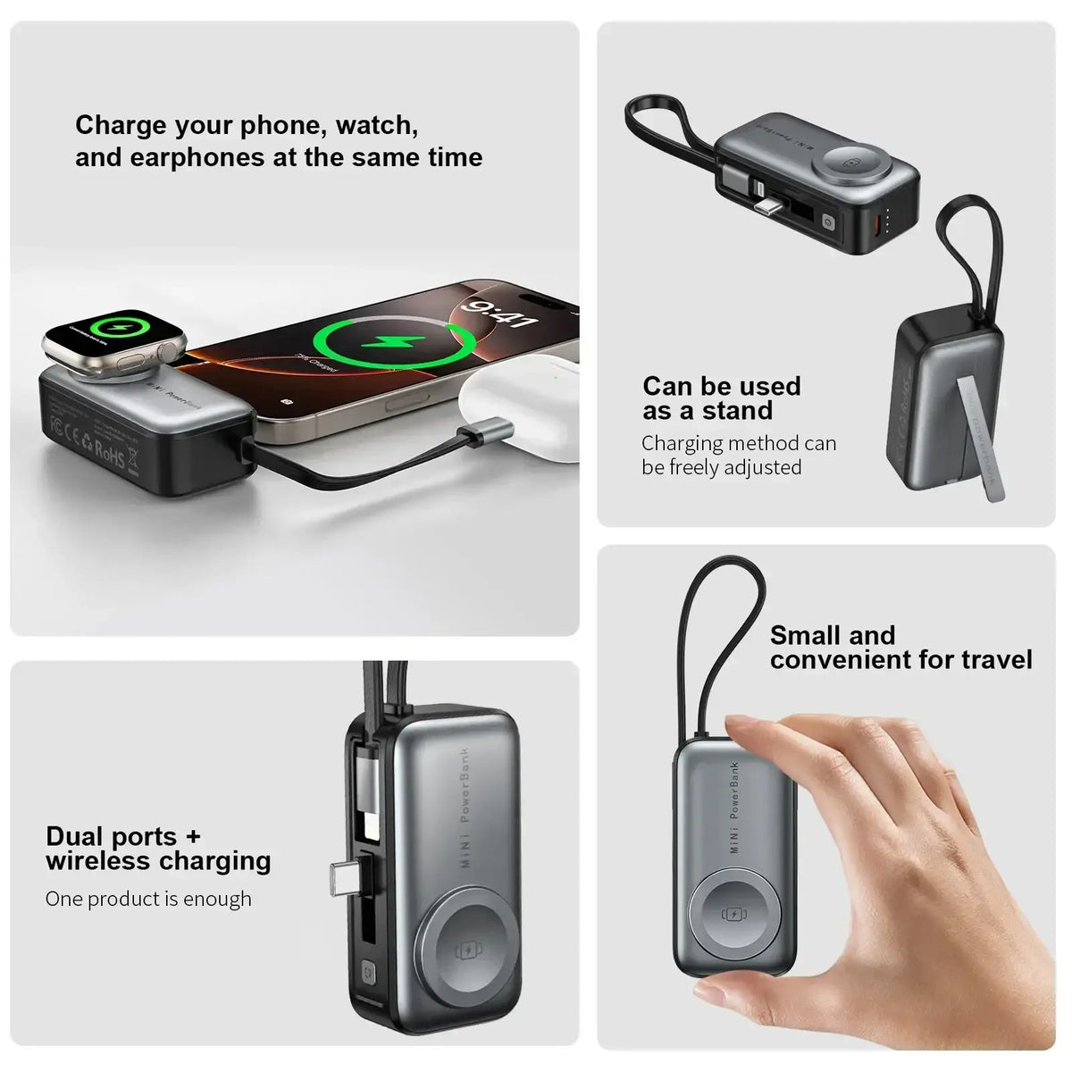 Compact silver-gray mini magnetic power bank with 5000mAh capacity dual ports and wireless charging capability