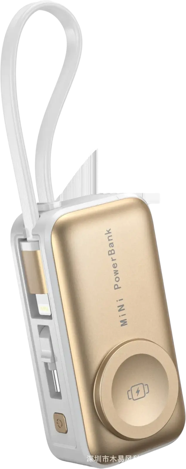 Mini magnetic power bank 5000mah portable charger in gold and white with multiple usb ports and integrated carrying loop