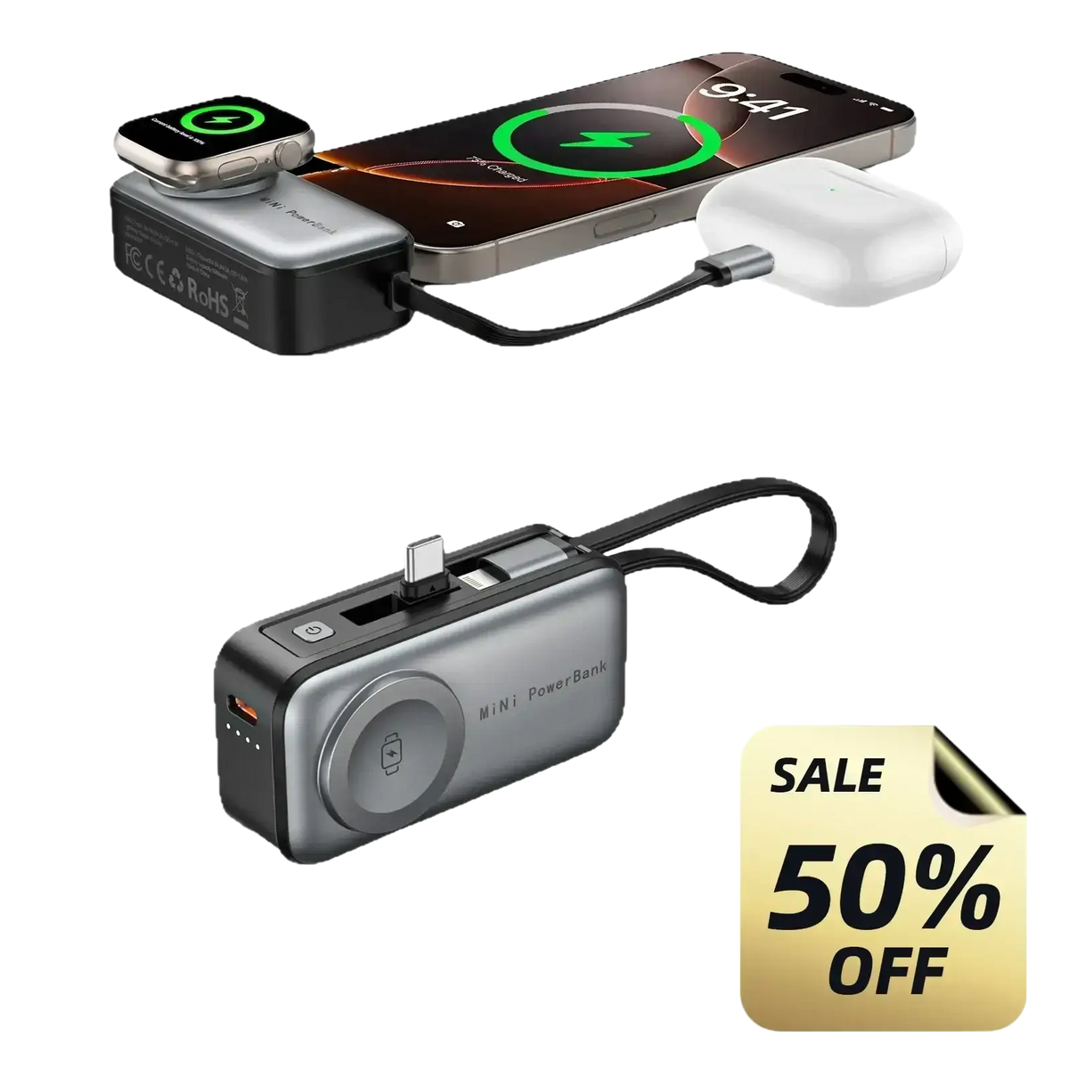 Silver and black mini magnetic power bank 5000mAh with multiple charging ports and built-in wireless charging cable