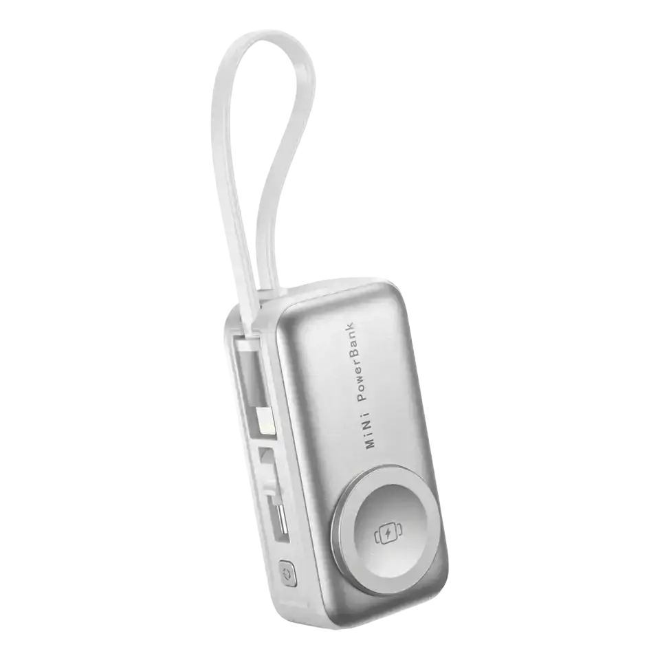 Silver mini magnetic power bank 5000mah portable charger with white carrying loop and multiple usb ports for charging