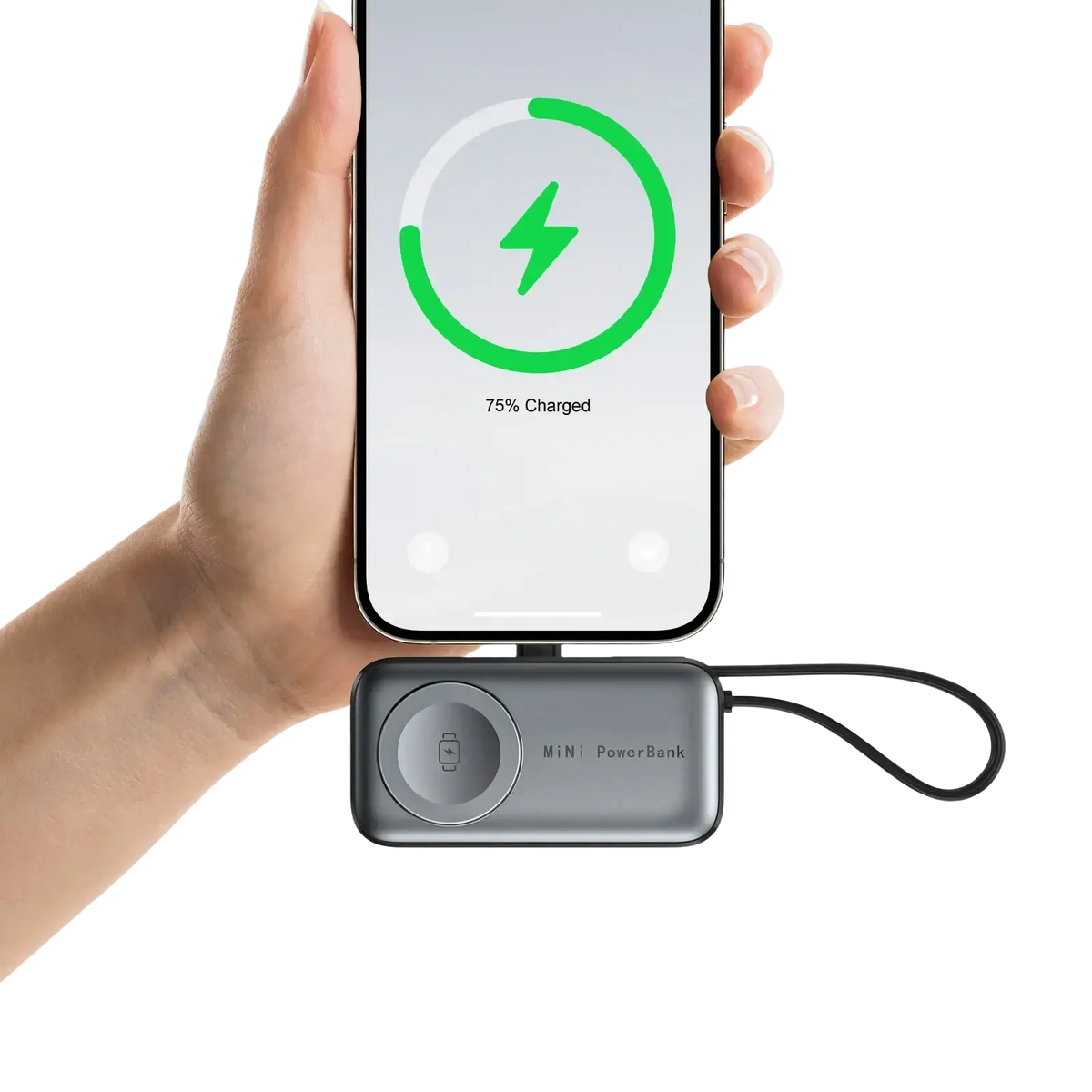 Silver rectangular mini magnetic power bank 5000mah portable charger with circular button and black wrist strap