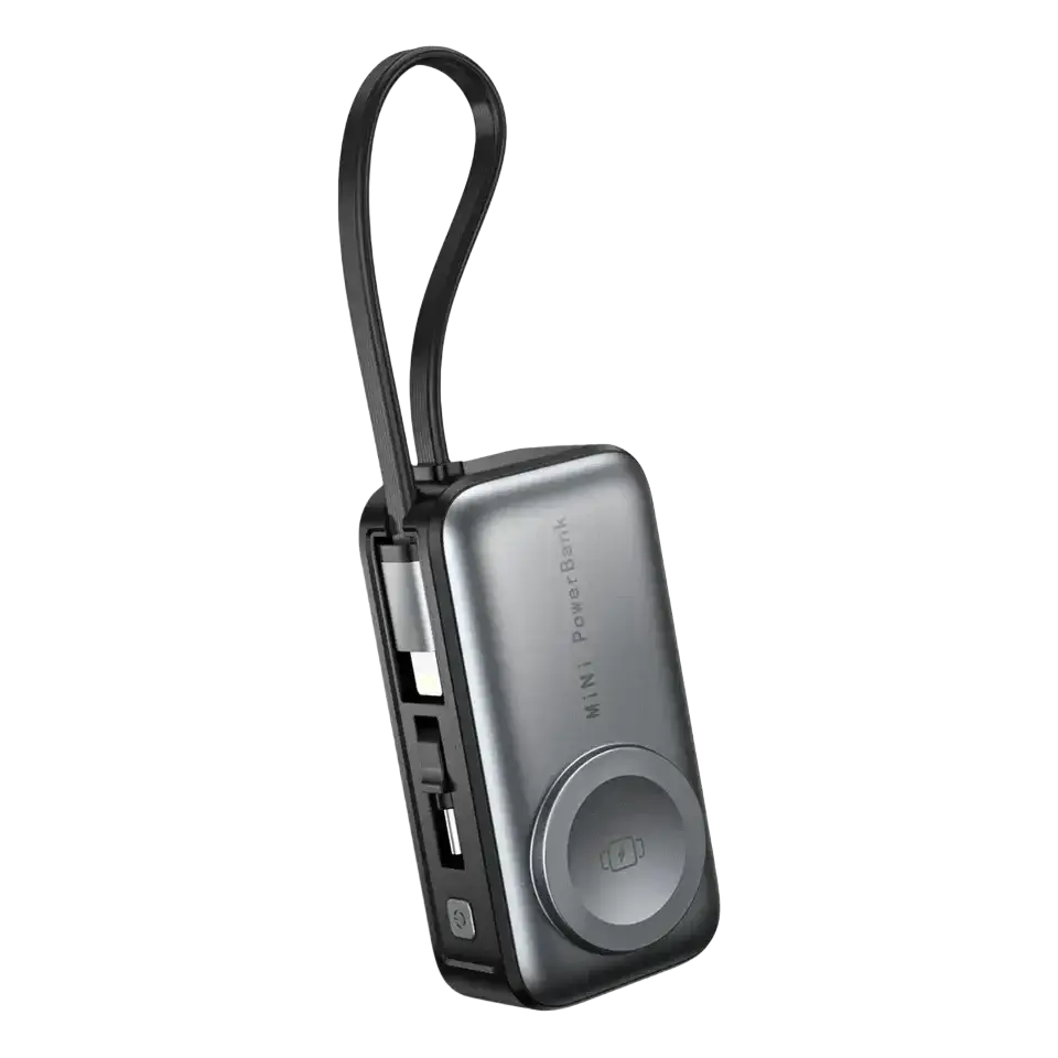Sleek matte black and silver mini magnetic power bank 5000mah portable charger with looped carrying strap