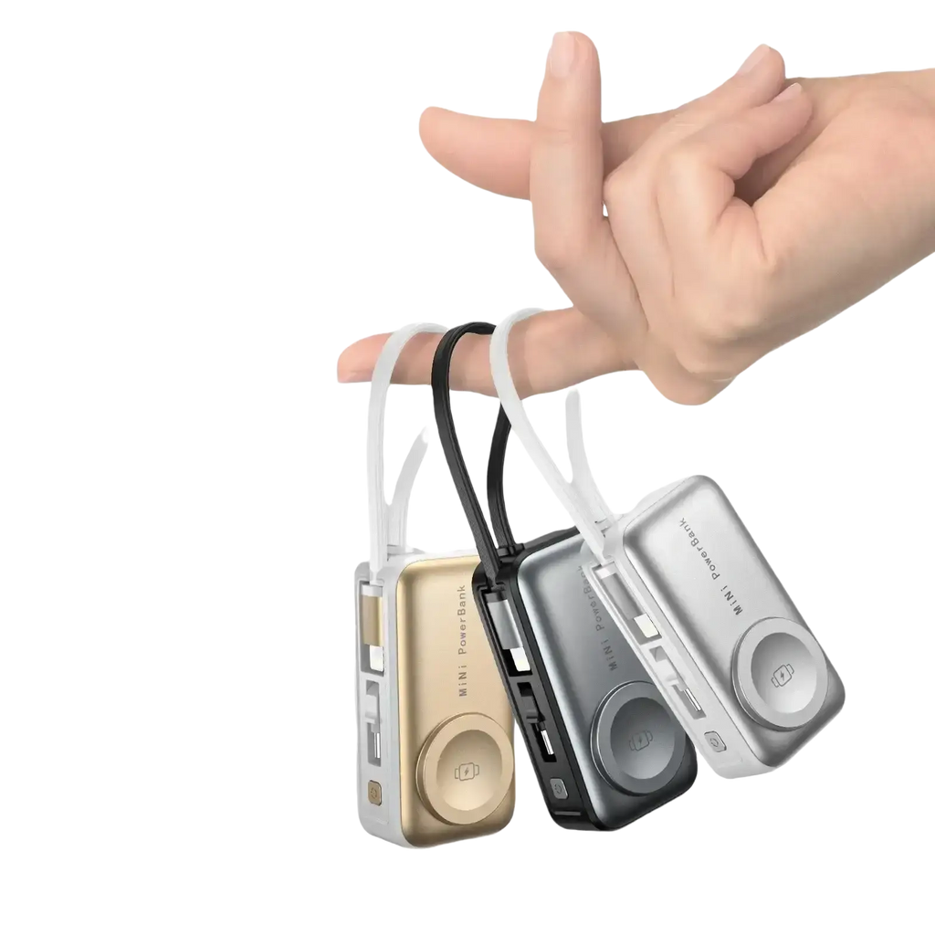 Mini magnetic power banks 5000mah portable chargers in gold silver and black with magnetic power and wrist straps